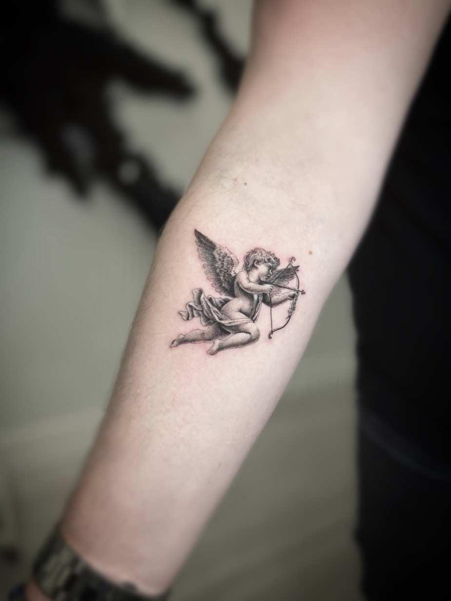 Microrealism cherub tattoo fine line Orlando Florida