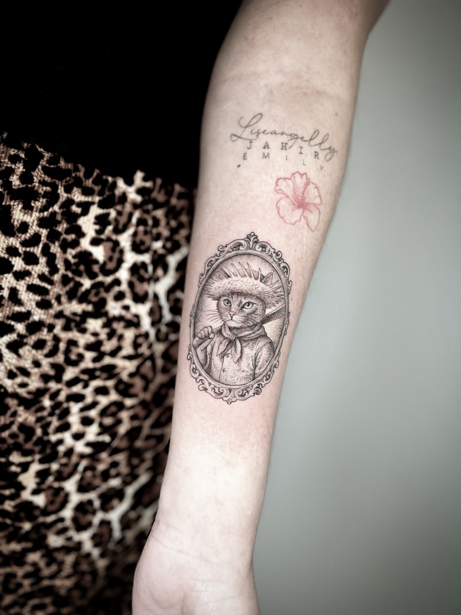 Fine line script lettering along spine