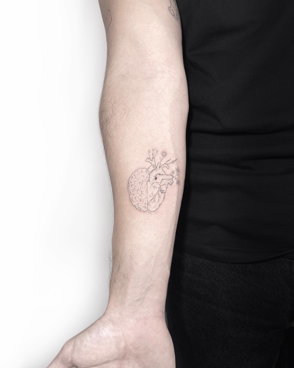 Fine line brain heart botanical