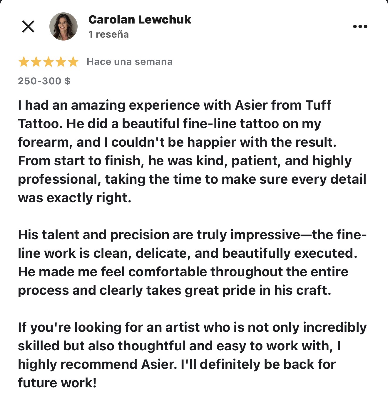 Review by Carolan Lewchuk — Tampa, Tuff Tattoo Studio